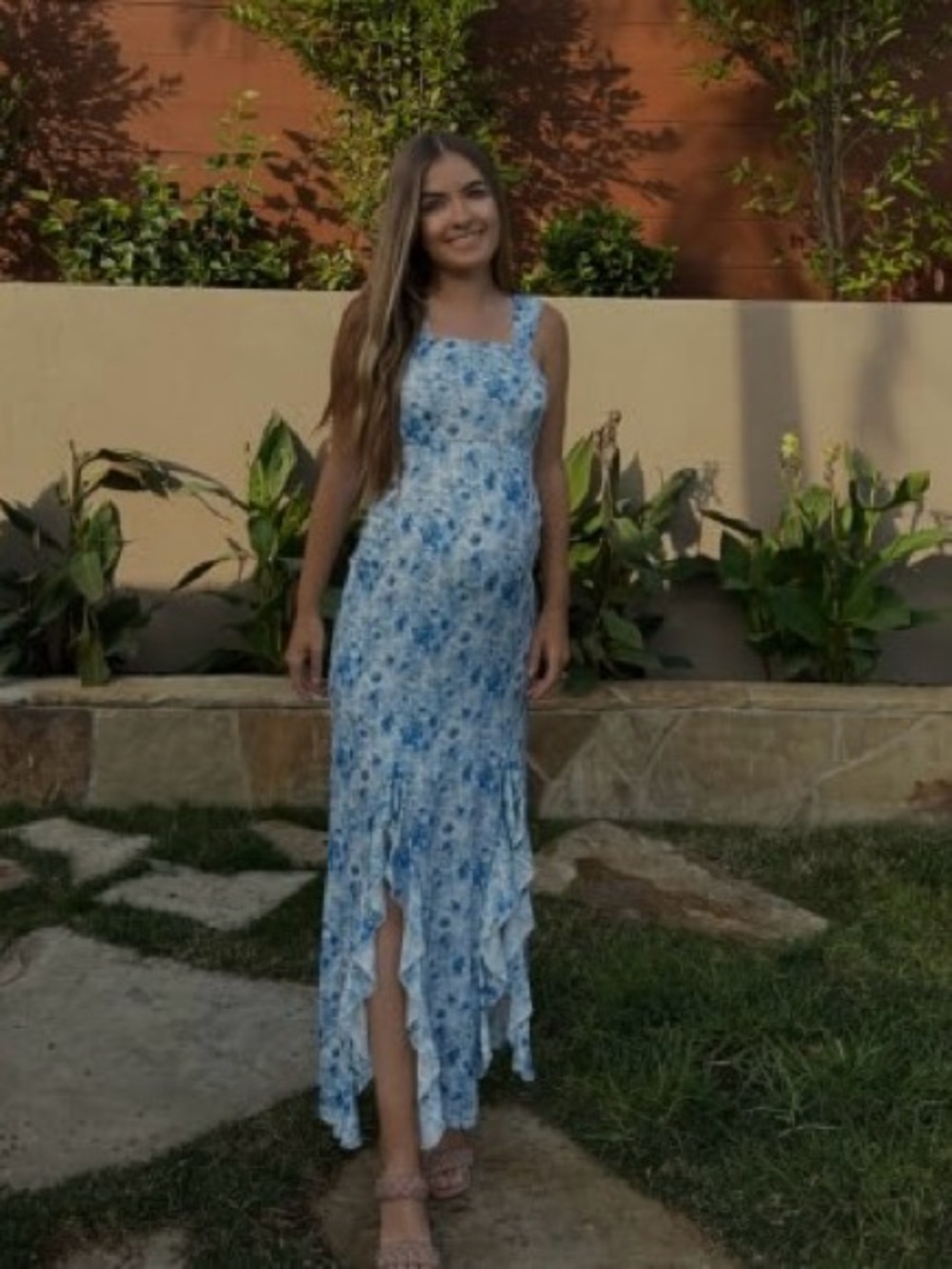 Blue and white floral maternity baby shower dress! MEDIUM